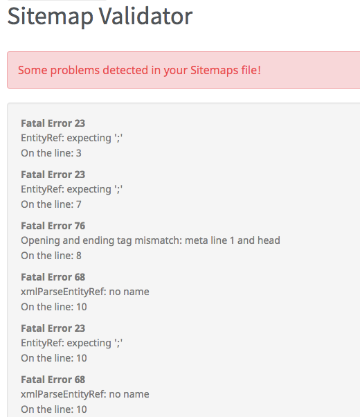 screenshot del validatore della sitemap di seoptimer che mostra errori