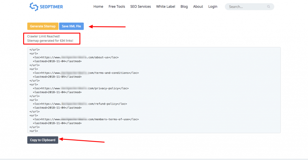 screenshot di seoptimer che mostra la sitemap generata in formato xml e ora puoi scaricare il file o copiarlo negli appunti
